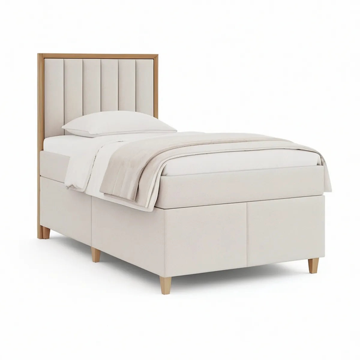 Gepolstertes Einzelbett 90 x 200 cm aus Polyester in Beige mit Naturholzfüssen
