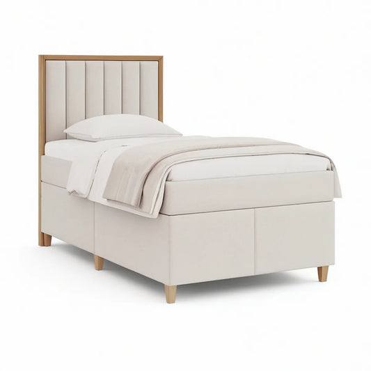 Gepolstertes Einzelbett 90 x 200 cm aus Polyester in Beige mit Naturholzfüssen