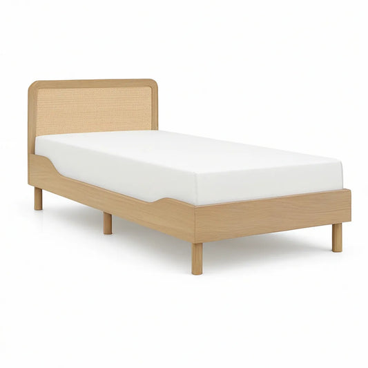 Einzelbettgestell 90 x 200 cm aus MDF mit Eichenfurnier und Rattan, Natur/Beige