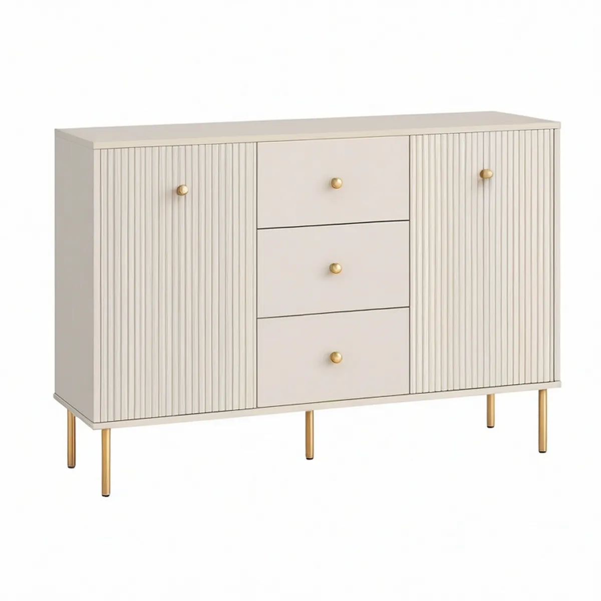Sideboard mit 3 Schubladen und 2 geriffelten Türen, 120 x 40 x 85 cm, Cremefarben/Gold