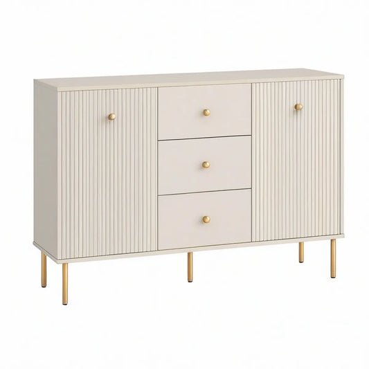 Sideboard mit 3 Schubladen und 2 geriffelten Türen, 120 x 40 x 85 cm, Cremefarben/Gold