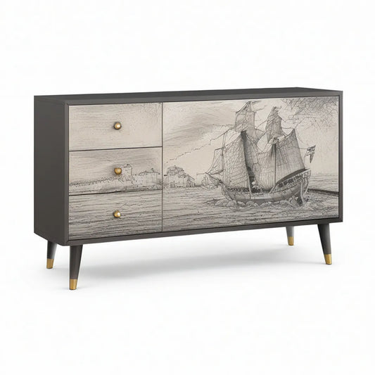 Sideboard aus MDF mit 3 Schubladen und 2 Türen, Schwarz/Grau/Goldfarben, 120 x 40 x 75 cm