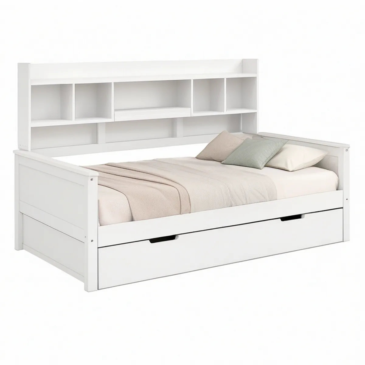 Funktionsbett 90 x 200 cm aus Kiefernholz und MDF mit Kopfteilregal und Bettkasten, Weiss