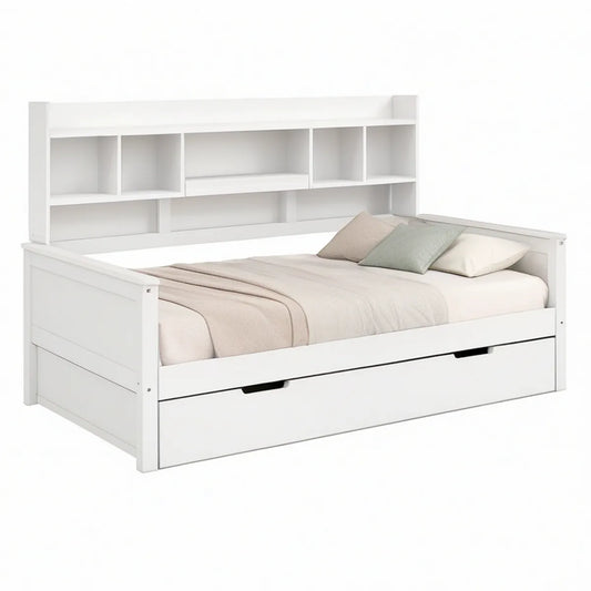 Funktionsbett 90 x 200 cm aus Kiefernholz und MDF mit Kopfteilregal und Bettkasten, Weiss