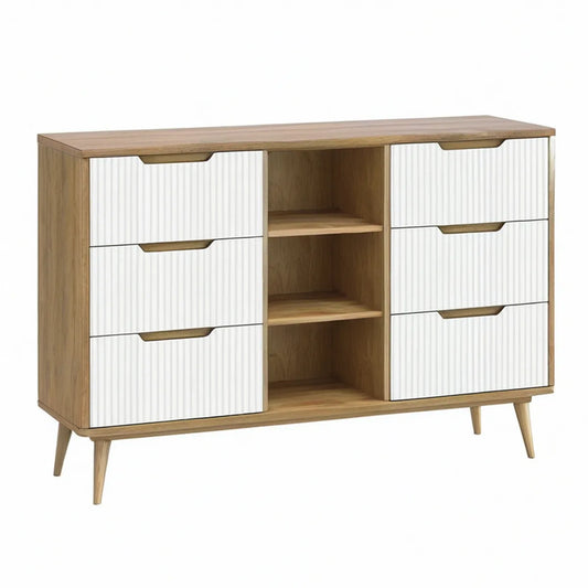 Sideboard mit 6 Schubladen und 3 offenen Fächern, 120 x 40 x 85 cm, Eichenoptik/Weiss