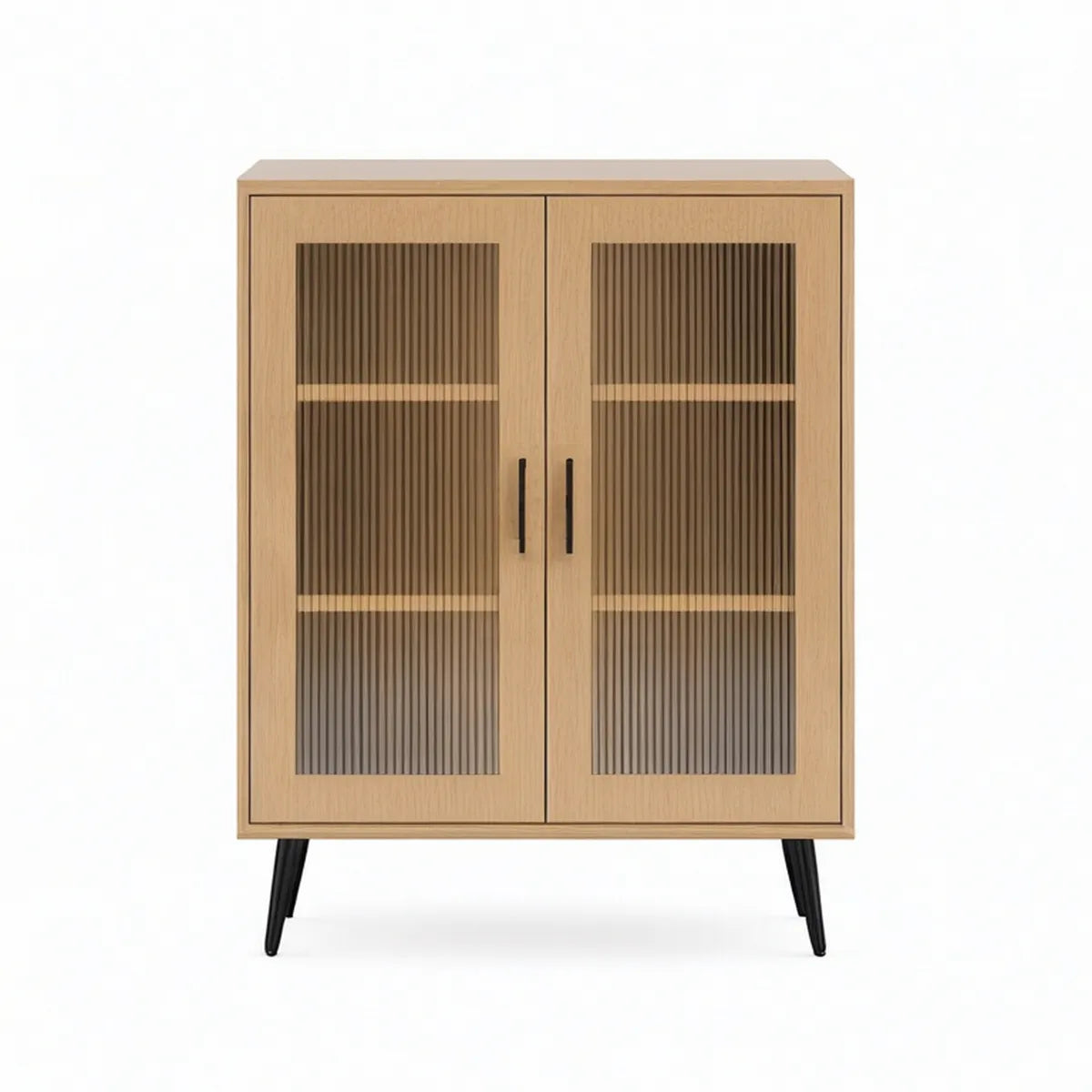 Vitrinenschrank 90 x 40 x 120 cm aus MDF mit Eichenfurnier und Riffelglas in Natur/Schwarz