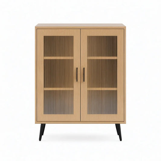 Vitrinenschrank 90 x 40 x 120 cm aus MDF mit Eichenfurnier und Riffelglas in Natur/Schwarz