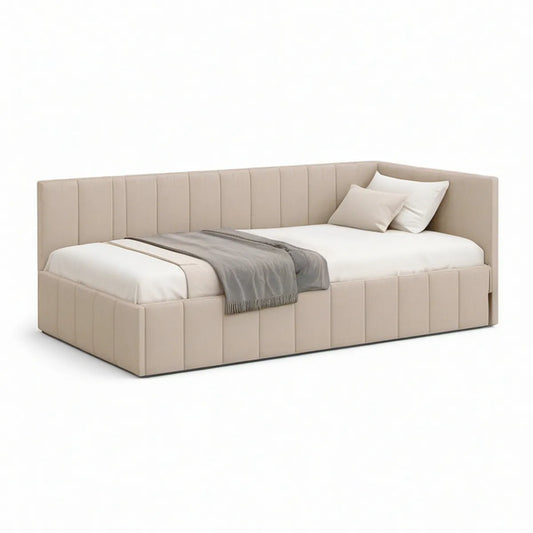 Gepolstertes Bettgestell 160 x 200 cm mit Kopfteil und Seitenlehnen, Beige