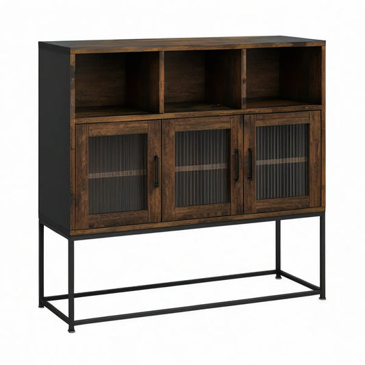 Stauraumschrank mit 3 Türen, geriffeltem Glas und 3 offenen Fächern, Braun/Schwarz, 120 x 40 x 125 cm