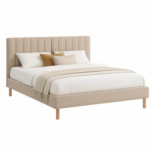Polsterbett 180 x 200 cm Beige mit gepolstertem Kopfteil