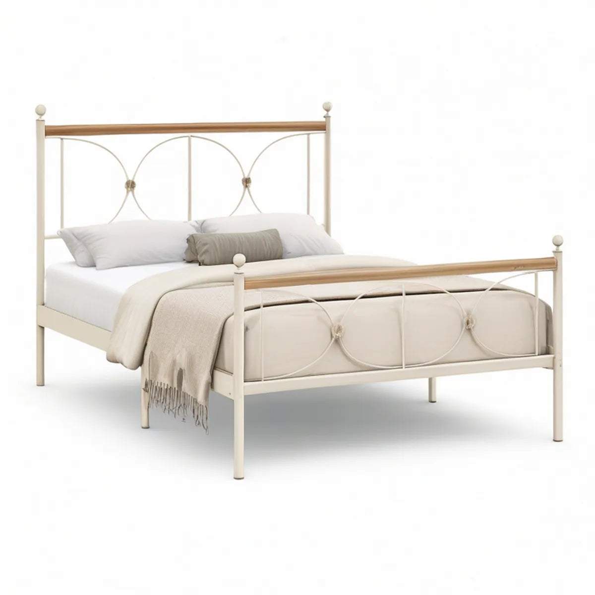 Metallbettgestell für Doppelbett 160 x 200 cm aus Stahl in Cremefarben/Naturbraun